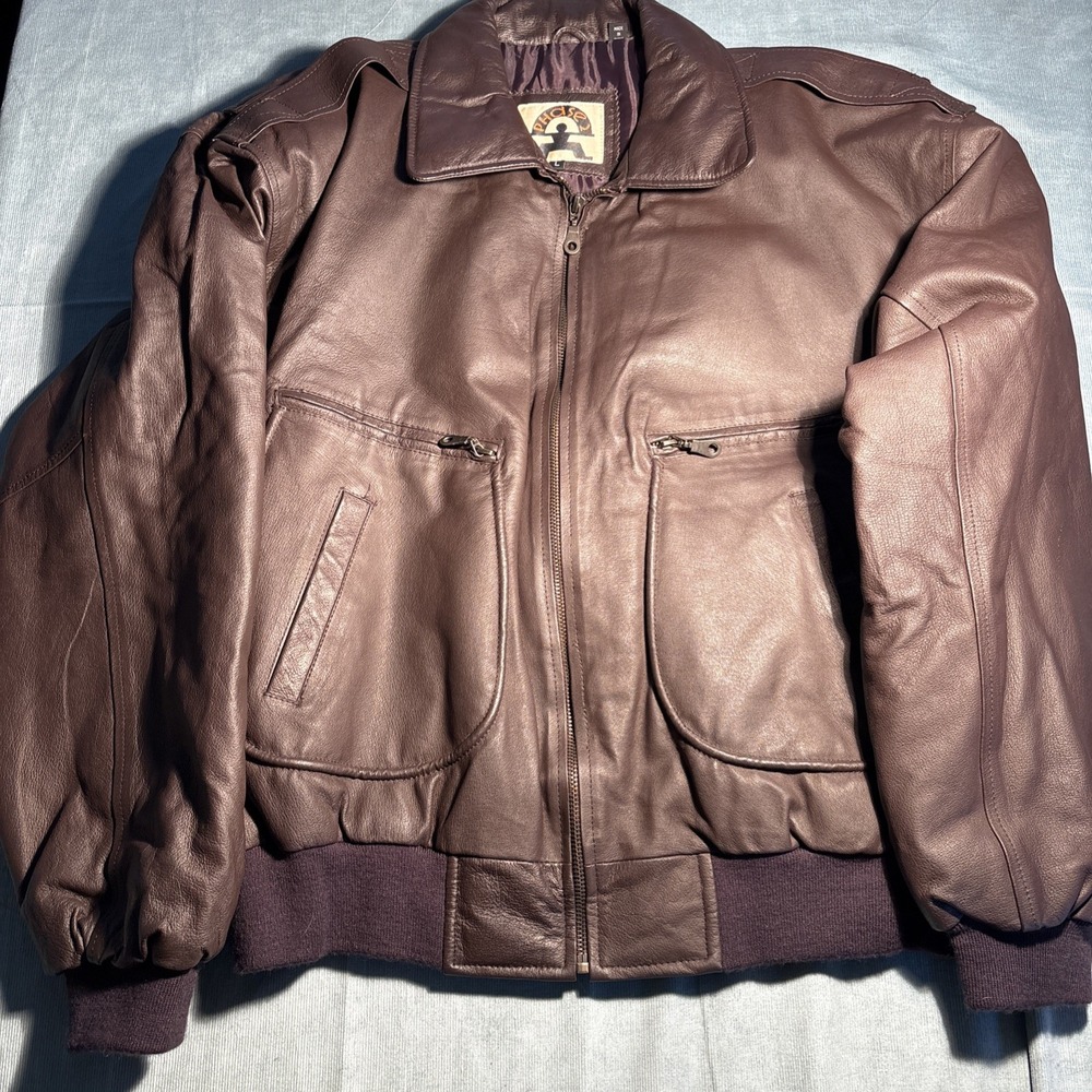 Phase 2 Vintage Mens Brown Genuine Leather Bomber Jacket Aviator Large RN 20849